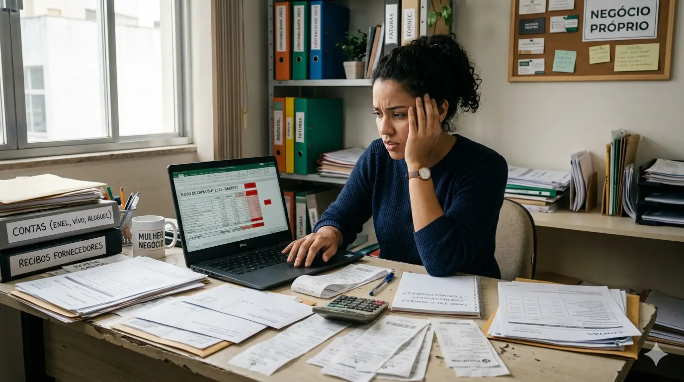 Empreendedora analisando contas e tentando entender para onde vai o dinheiro do negócio