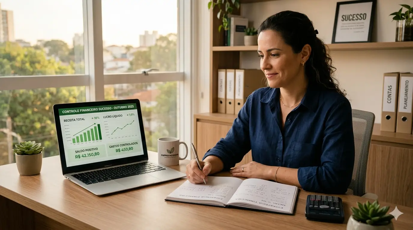 Empreendedora analisando dados financeiros com organização e controle do dinheiro do negócio