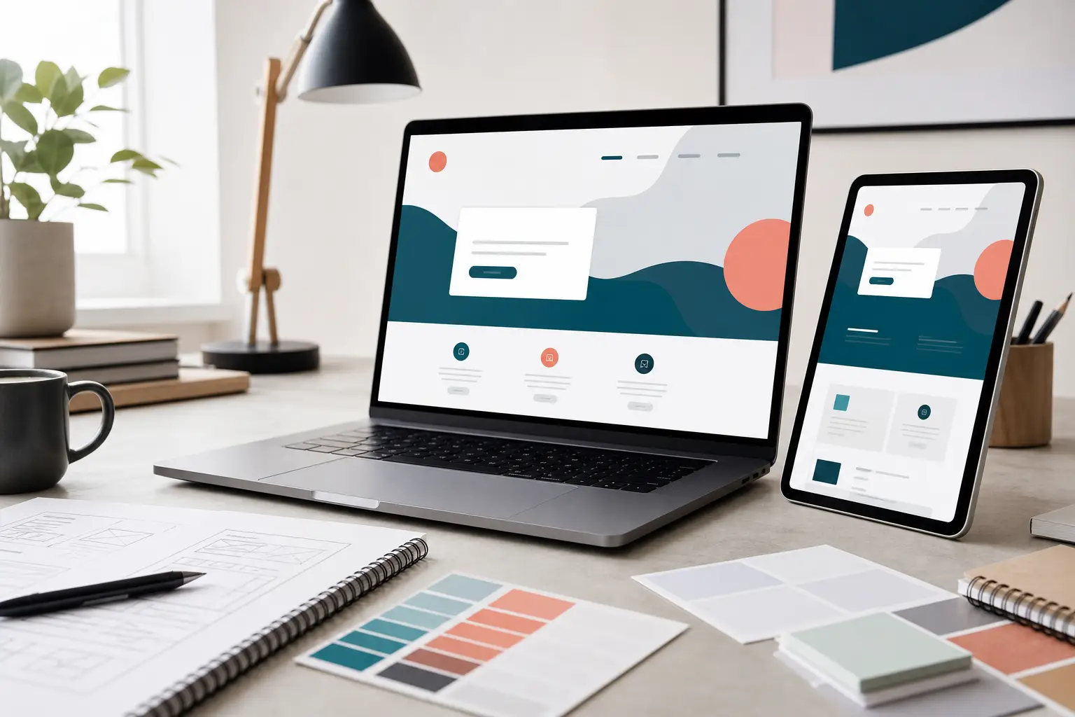 Notebook e tablet exibindo modelos de páginas de site modernas